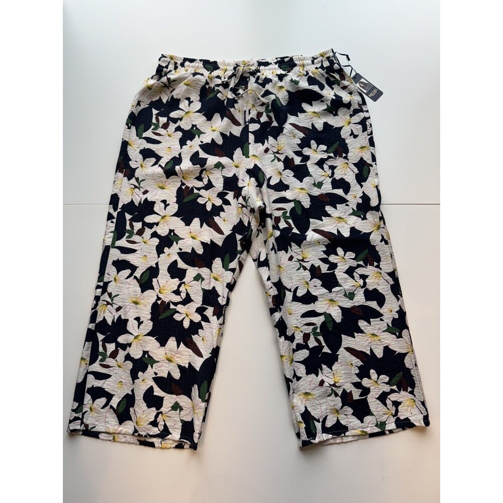 Rachel Roy Woman's Navy Blue White Lilly Print Straight Leg Pant 2X